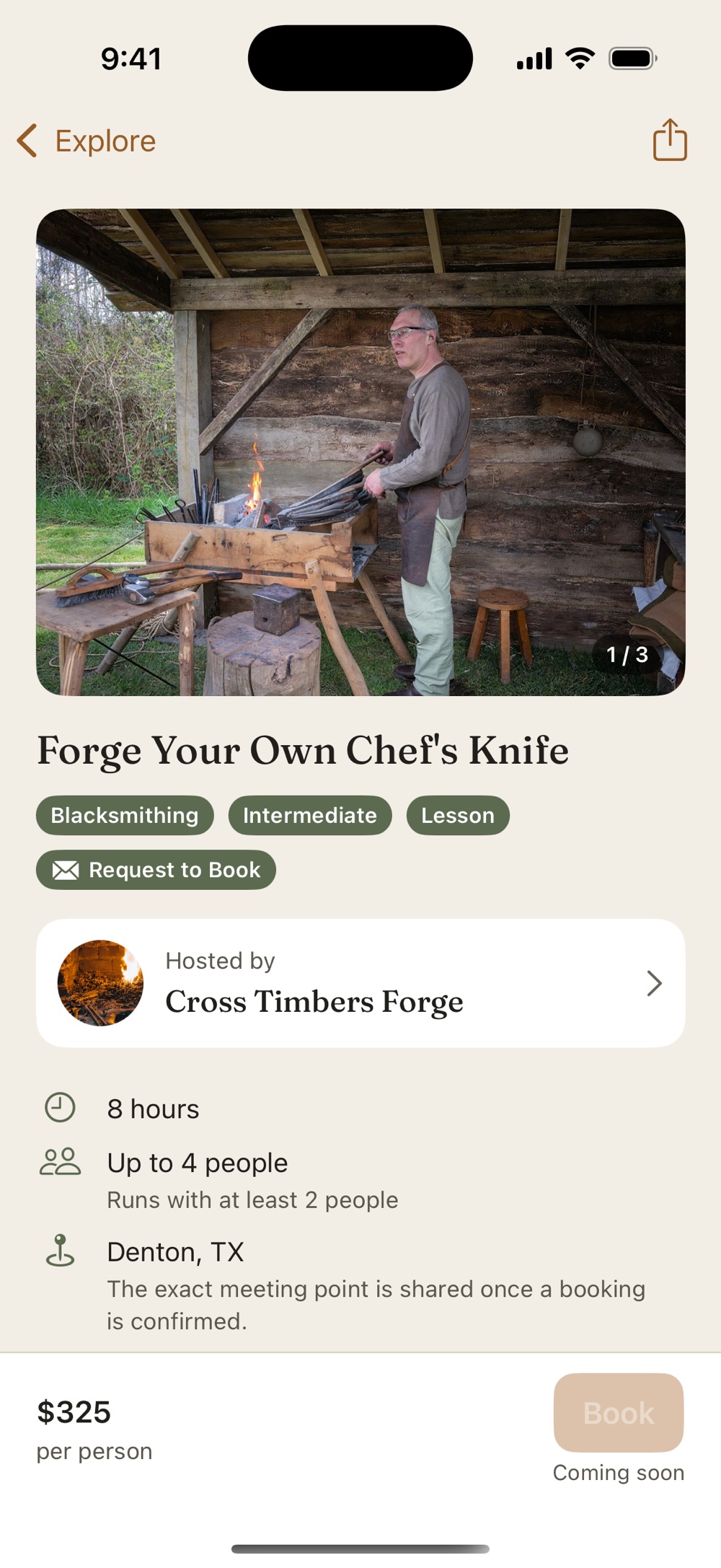 A listing for a blacksmithing session: photos of the forge, who’s leading it, length, group size and price.