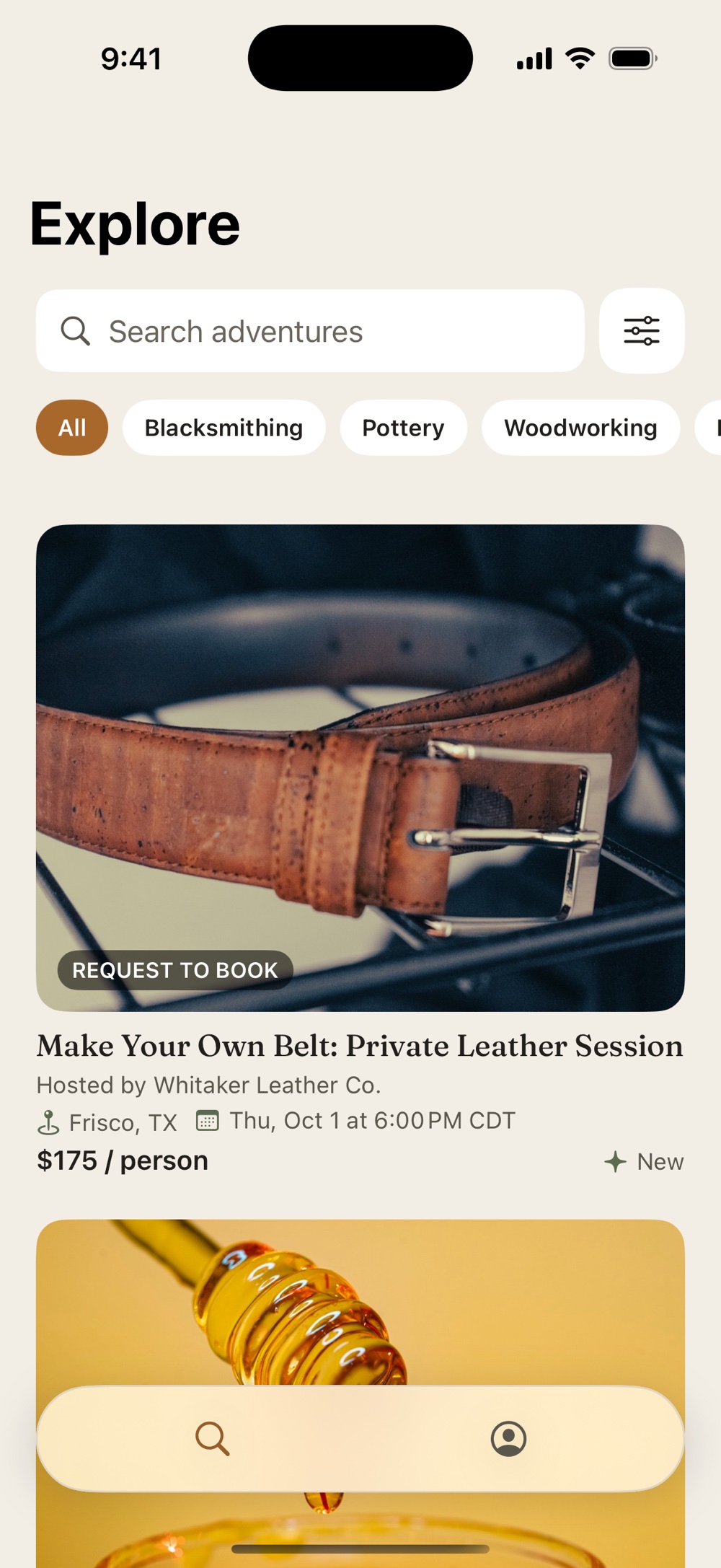 The Explore screen of the app: search, skill categories, and a photo card for a private pottery wheel session.