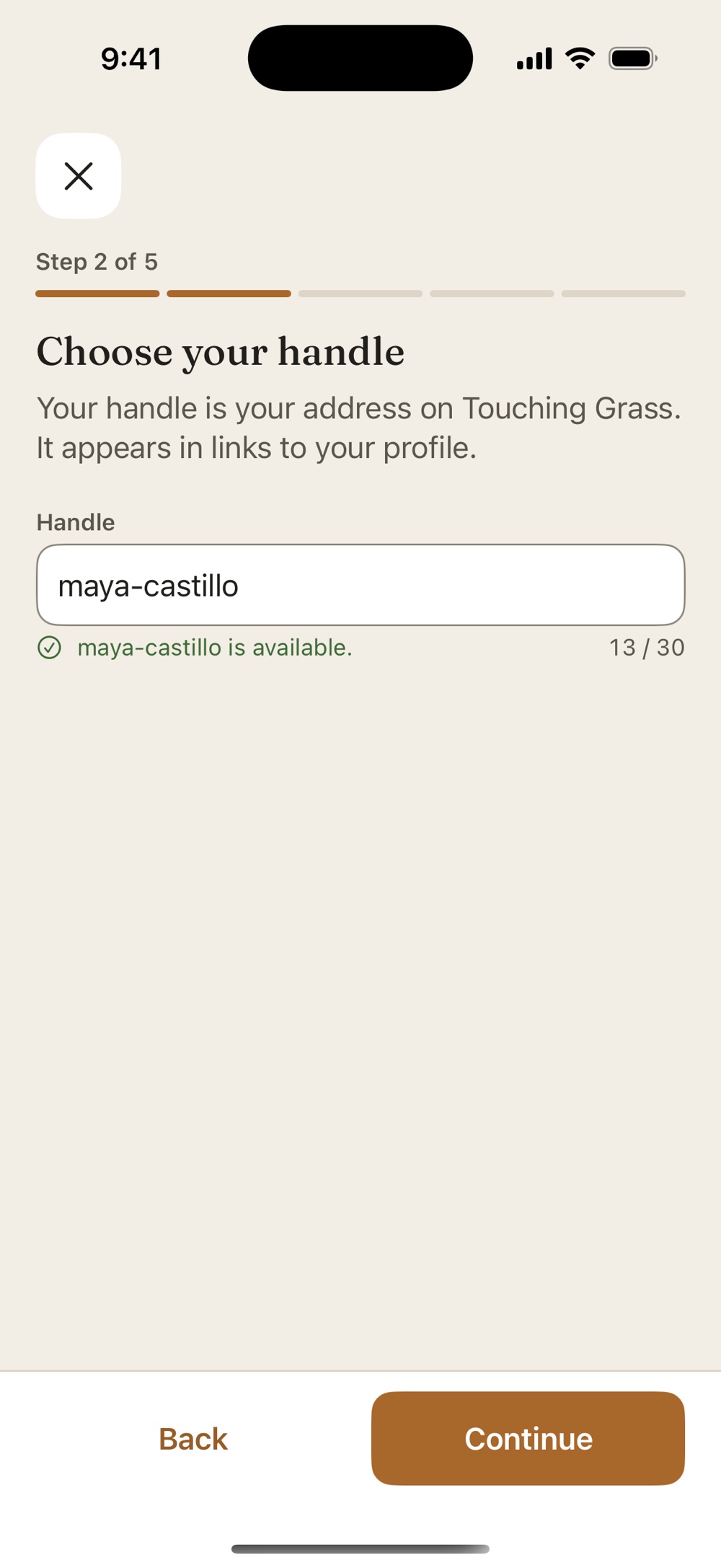 Setting up a profile: choosing a handle with a live availability check.
