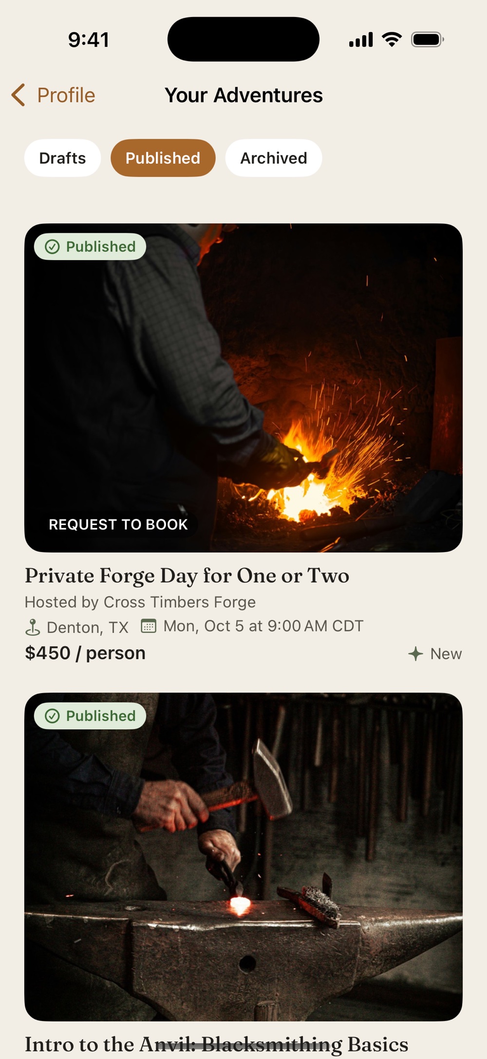 A list of the person’s published sessions.